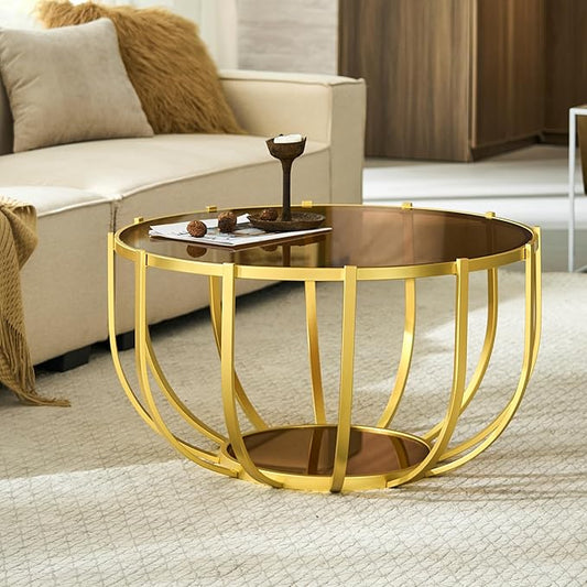 Saint Mossi Glass Round Coffee Table for Living Room, Modern 2-Tier Gold Drum Center Table, Brown Glass Top, Brown Mirror Shelf and Gold Frame, W30xH16.5