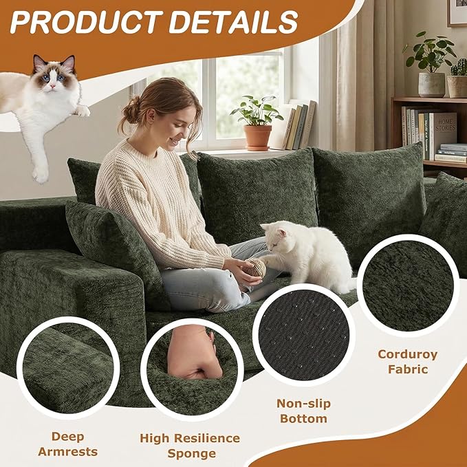 Convertible Sofa Bed, 5 in 1 Small Boneless Couch Pull Out Loveseat Sleeper Sofa,Corduroy Futon Couch Folding Mattress with 4 Pillows for Living Room Bedroom Lounge (Green, 3 Seater)