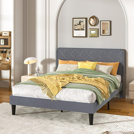 VECELO Full Size Bed Frame Premium Velvet Upholstered Platform with Height Adjustable Headboard/Mattress Foundation, Solid Wooden Slat Support, No Box Spring Needed/Easy Assembly
