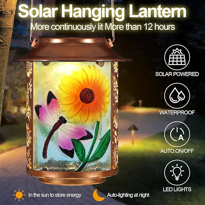 Dragonfly Solar Lanterns Outdoor Waterproof,Birthday Gifts for Women Mom Grandma Garden Decor,Hanging Solar Lights Wall Mount Decorations for Yard,Front Porch,Patio,Lawn Pathway Landscape