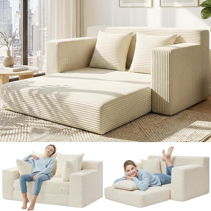 Convertible 5 in 1 Futon Sofa Bed Full Size, Corduroy Boneless Couch Sleeper Sofa with 4 Pillows, Foldable Pull Out Loveseat Floor Mattress for Living Room, Apartment, Small Space & Dorm