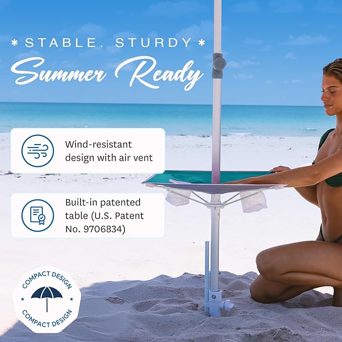 AMMSUN 7ft Heavy Duty High Wind Beach Umbrella with sand anchor, Built-in Table Tray & Tilt Pole, Air Vent, UPF 50+ Windproof Portable Outdoor Umbrellas Carry Bag for Patio Garden Pool Backyard (Teal)