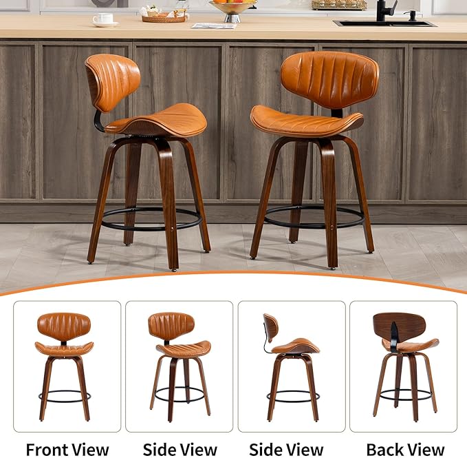 Swivel Bar Stools Set of 2, 24 inch PU Leather Wooden Bentwood Barstools Counter Height Modern Breakfast Bar Chairs with Backrest and Footrest for Kitchen Island, Dining Room D035-Brown-2