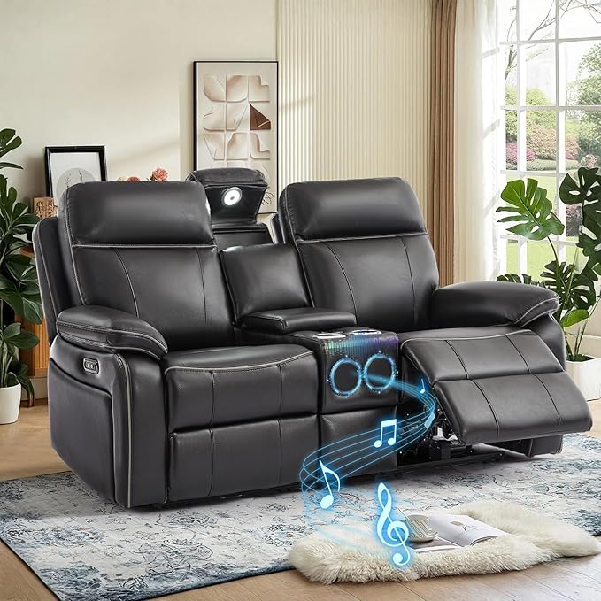 Power Reclining Loveseat with LED Reading Light/Bluetooth Speakers/Storage Drawer, Power Loveseat Recliner Sofa Wall Hugger Reclining Loveseat for Living Room(Black, 2 Seat with Console) | Outlets, USB & Type-C Ports