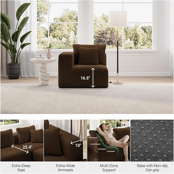 Novilla Modular Sectional Sofa, Modern Cloud Sectional Couch with Smarts Coil® Support, Upholstered Boneless Couch for Living Room Apartments Bedroom, No Assembly Required, Brown (Right-Arm Chair)