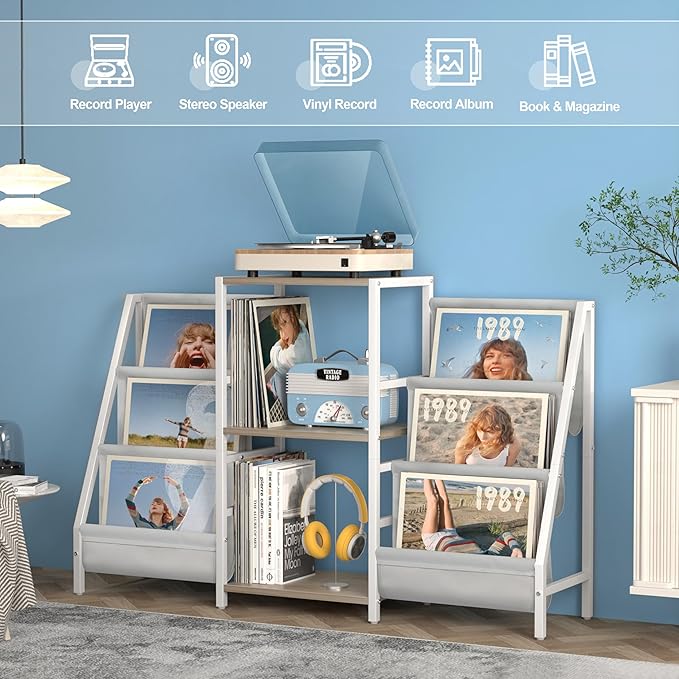 Record Player Stand with Vinyl Storage, Record Player Table with Record Storage 200 Albums, Turntable Stand with Record Holder Vinyl Display Shelf, Record Cabinet Media Stereo