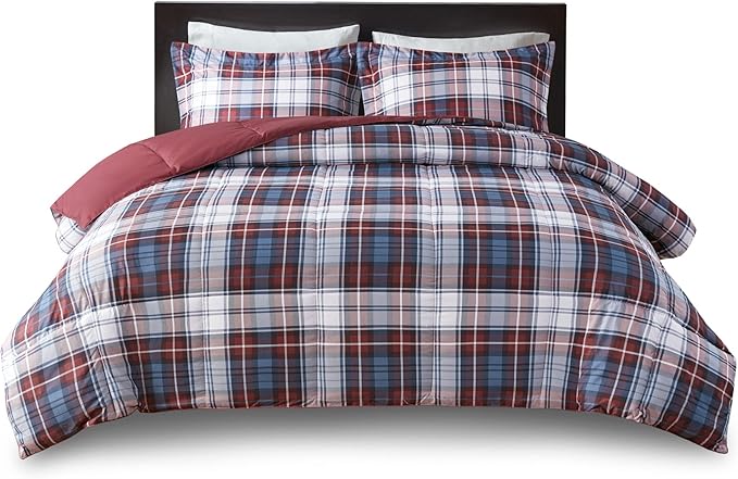 Madison Park Essentials Parkston Plaid Comforter, Matching Sham, 3M Scotchguard Stain Release Cover, Hypoallergenic All Season Bedding-Set, King/California King, Red, 3 Piece