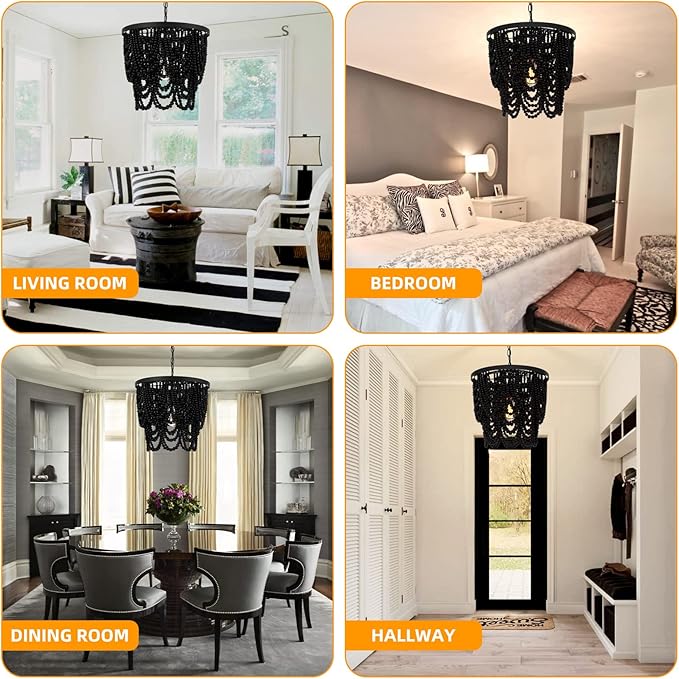 Boho Beaded Chandelier 15" Wood Bead Semi Flush Mounted Pendant Light Black Height Adjustable, 2 Tiers, Antique Rustic, for Living Room, Bedroom, Kitchen, Hallway, Passway