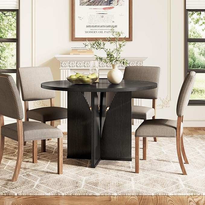LITTLE TREE 39-Inch Dining Table for 4, Rustic Kitchen Table, Round Dining Table with X-Shaped Stable Pedestal, Farmhouse Dinner Table for Dining Room, Living Room