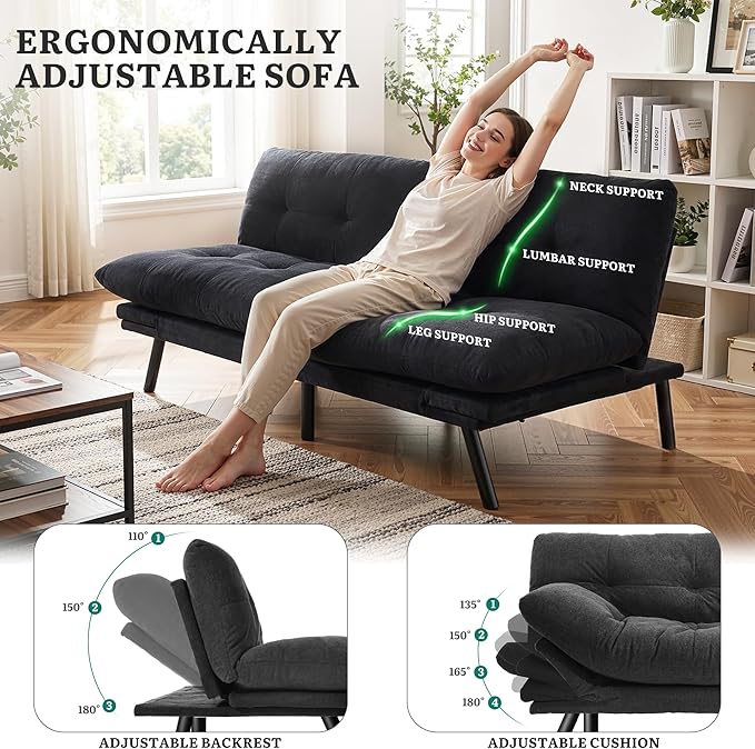 YITAHOME Convertible Futon Sofa Bed with Adjustable 3 Color Light Strip, 70" Folding Futon Set for Living Room Home Office Aprtment, Modern Futon Couch with Adjustable Backrest & Armrests, Black