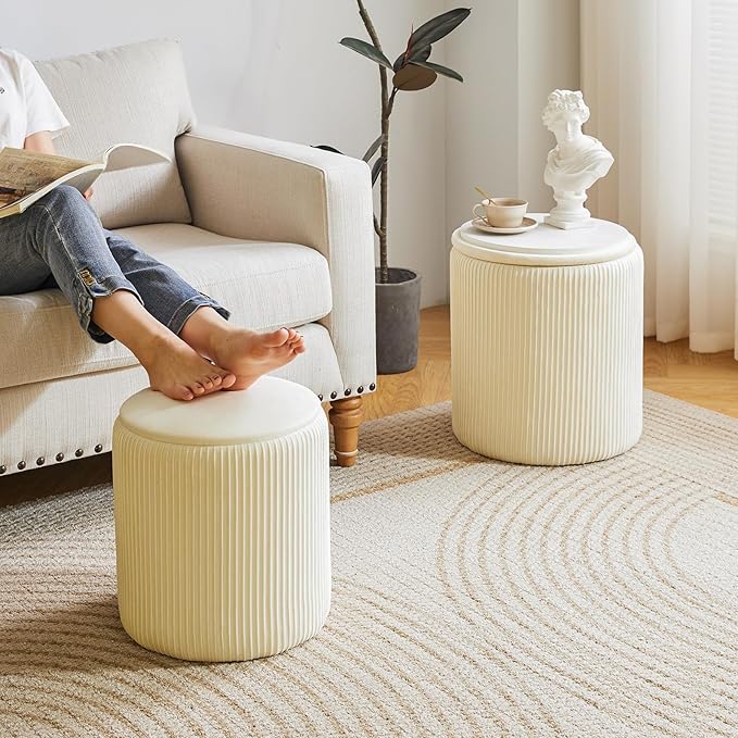 IBUYKE Round Ottoman with Storage Set of 2 Boucle Ottoman End Table for Living Room Vanity Stool Velvet Footrest Stool Bar Stool White UWBD005W