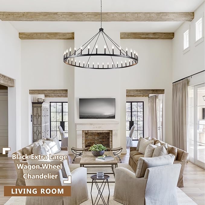 Black Extra Large Wagon Wheel Chandelier, 60 inch 36 Lights Farmhouse Chandelier, Industrial Candle Round Pendant Light Fixture for High Ceiling Living Room Dining Room Outdoor Porch Entryway Hallway