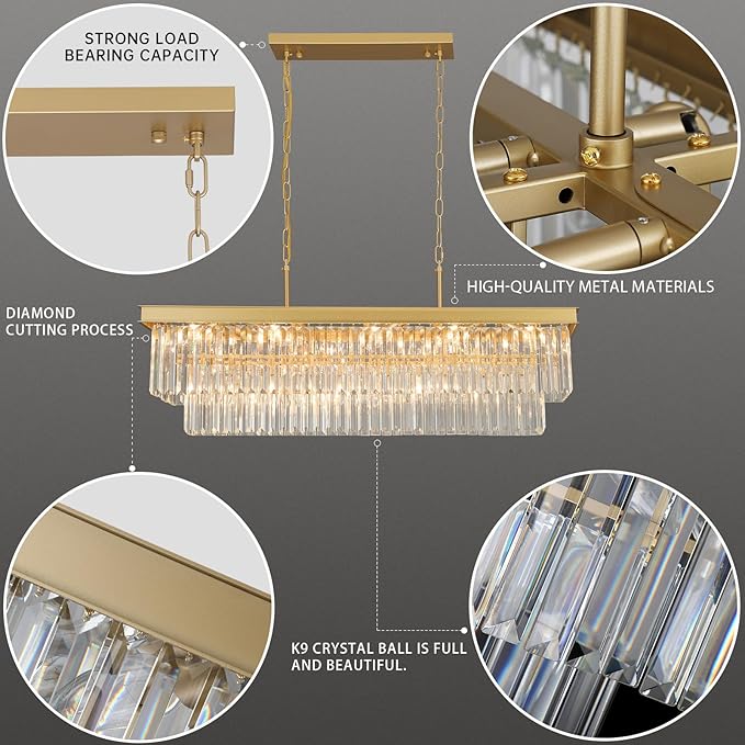 Crystal Chandeliers for Dining Room Light Fixtures Over Table，15-Lights Gold Modern Rectangle Chandeliers for Kitchen Island Bar