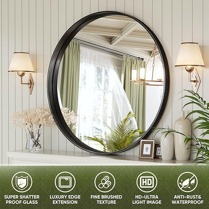Suidia 24" x 24" Bathroom Mirror, Bathroom Vanity Mirror Metal Framed, Wall-Mounted Mirrors for Bedroom, Living Room, Entryway, Hallway, Black, Round Style