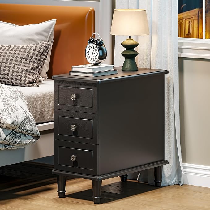 LITTLE TREE Fully Assembled End Table, Set of 2, Narrow Bedside Table with 3 Drawers, Vintage Nightstand for Small Spaces, Living Room, Bedroom, Black