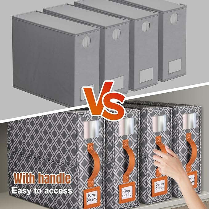 4 Pack Bed Sheet Organizers and Storage, (King & Queen Size) Sheet Organizer for Linen Closet, Foldable Bedding Storage Box with Window for Bedsheets, Duvet Cover and Pillowcase (Dark Grey 4 Pack)