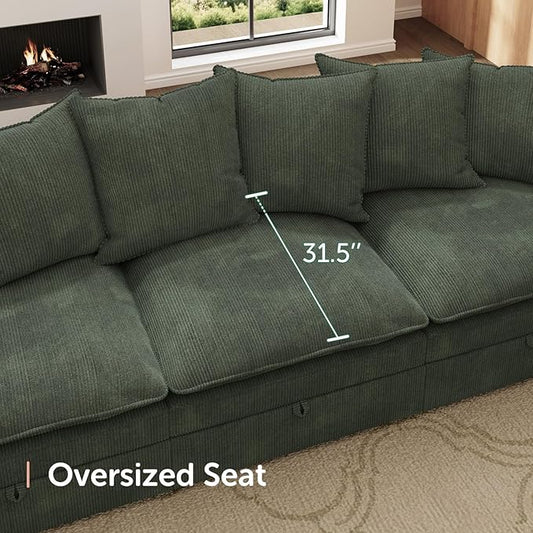 HONBAY Modular Sectional Sofa, 105.5 Inch Corduroy Sectional Couch, 4 Seaters L Shaped Sofa with Storage & Pillows for Living Room, Green