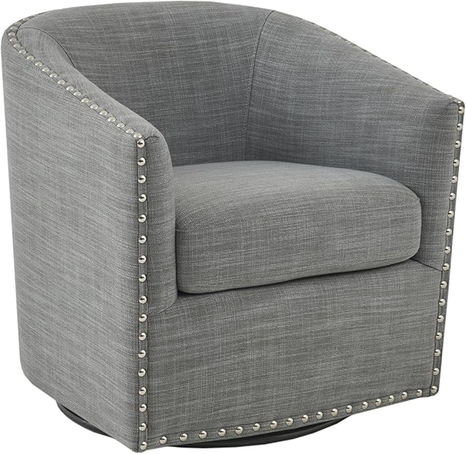 Madison Park Swivel Barrel Accent Chair, Upholstered Curved Back with 7-Inch Thick Woven Cushion, 360° Swivel, Nailhead Trim, Comfy Chair for Living Room, Bedroom, Office, 28" Wide, Grey, Tyler