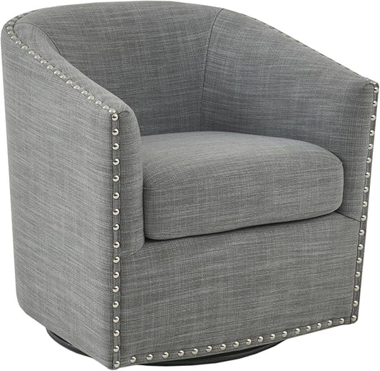 Madison Park Swivel Barrel Accent Chair, Upholstered Curved Back with 7-Inch Thick Woven Cushion, 360° Swivel, Nailhead Trim, Comfy Chair for Living Room, Bedroom, Office, 28" Wide, Grey, Tyler