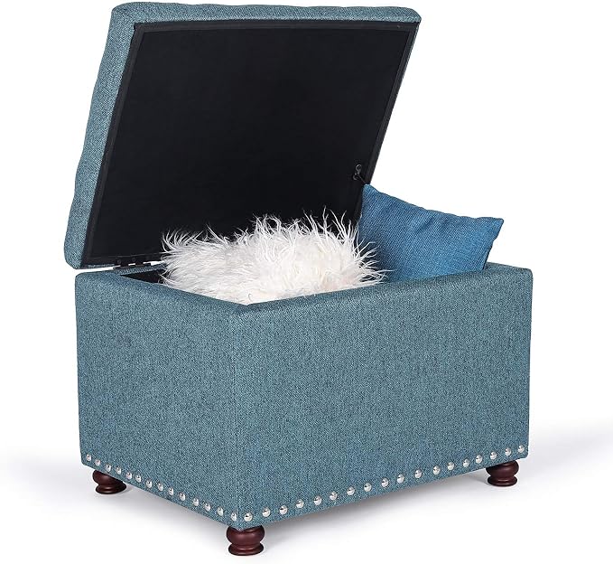 Adeco Rectangular Storage Ottoman Foot Rest Stool, Fabric Button Tufted Storage Ottoman with Hinged Lid (Cyan)