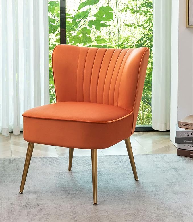 Modern Velvet Accent Chair for Living Room, Bedroom, or Entryway, Stylish and Comfortable Armless Design with Metal Legs, Orange Red