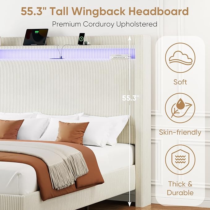 Full Size Bed Frame with Tall Headboard, 55.3" Corduroy Upholstered Platform Bedframe with LED Lights & Charging Station, Cream Full Beds, Wingback Storage Headboard, No Box Spring Needed, Wood Slats