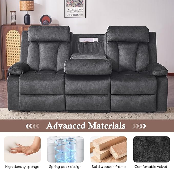 Power Recliner Sofa with Heat&Massage, Electric Reclining Couch with Multi-Function Console/USB Ports/Type C, Wall Hugger 3 Seater-Sofa Recliner, Reclining Sofa Couch for Living Room