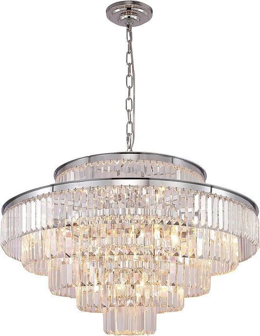 Modern Chrome Crystal Chandeliers Lighting 31'' & Lights Round Hanging Classic, Pendant Ceiling Chandelier Lighting Fixture 6-Tier for Dining Room Living Room(Chrome,31 inch)