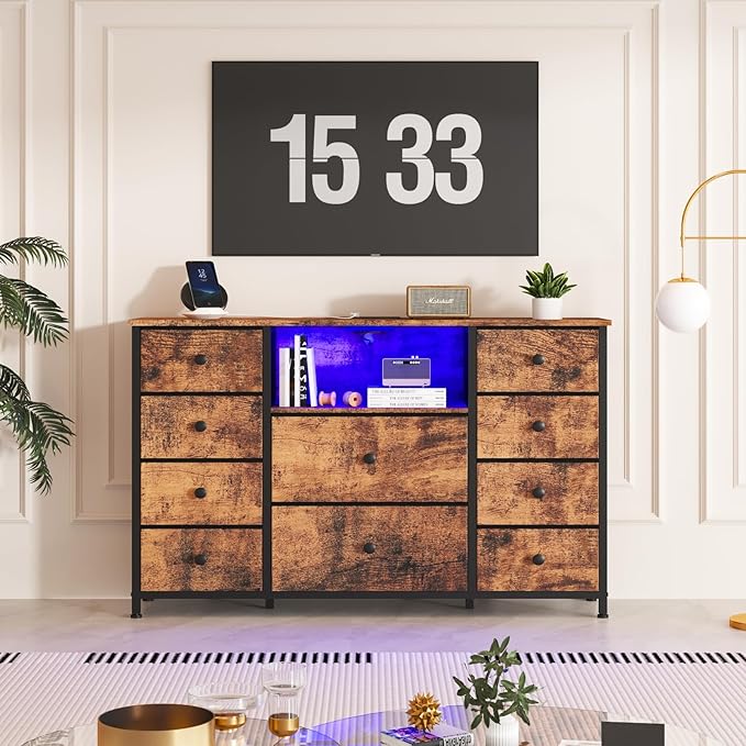 NONGSHIM Dresser with Charging Station and LED Lights, Long Dresser for Bedroom TV Stand with 10 Drawers, Fabric Chest of Drawers, Wide Storage Organizer, Rustic Brown, Dre003