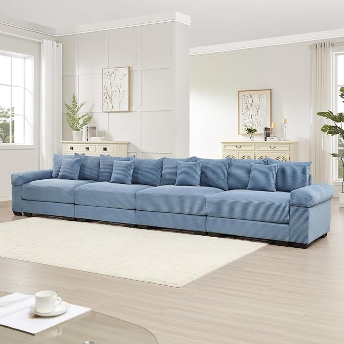 KEIKI 168" Oversized Corduroy Modular Cloud Sectional Sofa with High-Density Foam Cushions, Extra-Thick Armrest, Upholstered Modern 4-Seater Fluffy Corner Couch with 12 Pillow, for Living Room, Blue