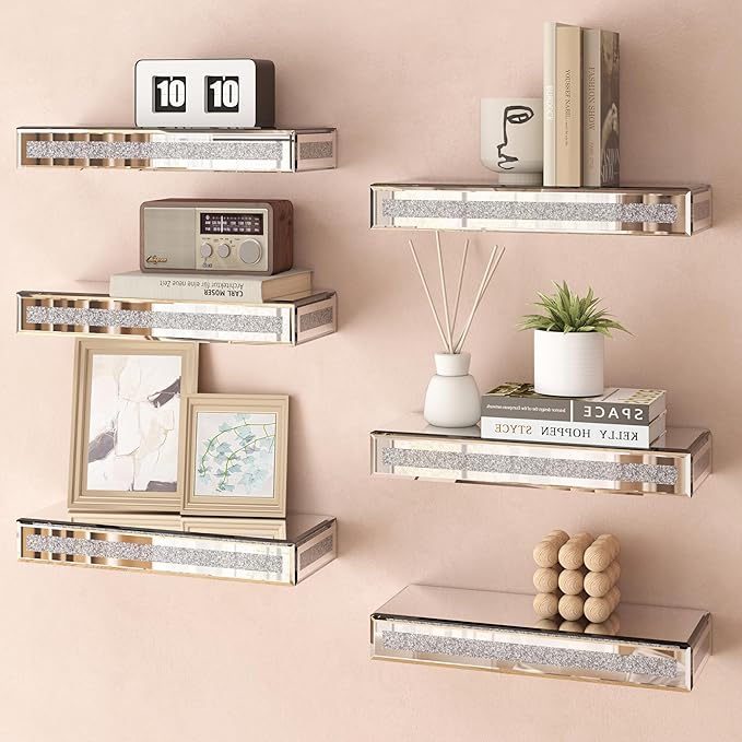 SHYFOY Mirrored Floating Shelves Set of 6, Bling Shelves for Wall Decor, Silver Glass Shelf for Bedroom, Bathroom Storage Shelves, Book Shelves for Living Room