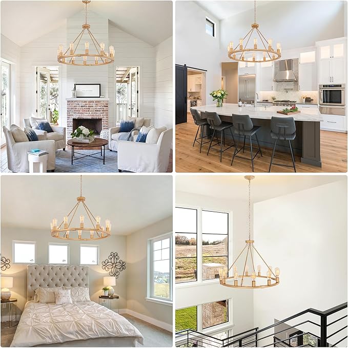 31.5" 12 Lights Gold Wagon Wheel Chandelier, Farmhouse Metal Round Industrial Large Round Pendant Light for Living Room Dining Room Foyer Entryway Kitchen