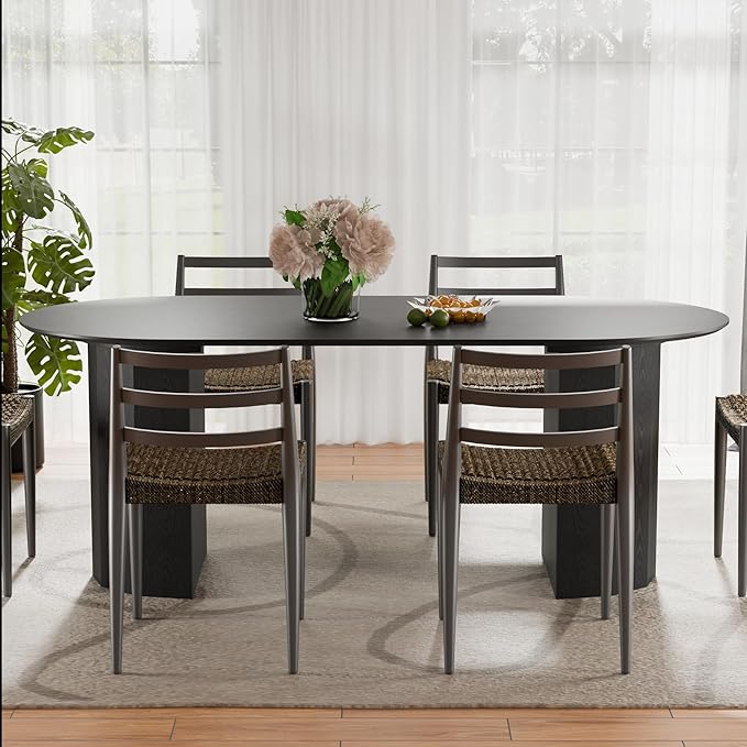 Casaphoria 79" Oval Dining Table, Modern Wood Kitchen Table with Cylinder Polygonal Base for Living Room & Dining Room, Easy Assembly Farmhouse Furniture for 6-8, Black