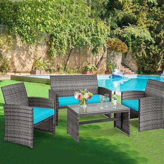 DORTALA 4 Piece Patio Furniture Set, Outdoor Wicker Conversation Set with Soft Cushions & Tempered Glass Coffee Table, Rattan Patio Sofa Bistro Sets for Courtyard Balcony, Turquoise