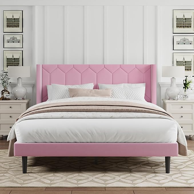 Queen Size Bed Frame with Velvet Upholstered Headboard, Platform Bed Frame No Box Spring Needed, Modern Bedframe with Strong Wooden Slats, Pink
