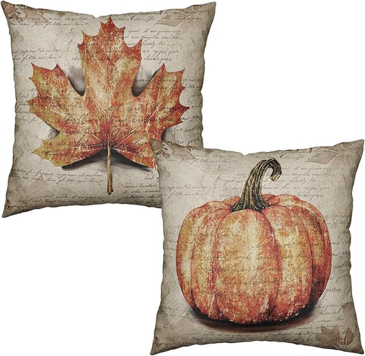 Fall Decorative Pillow Covers 16x16 Set of 2 Vintage Fall Burnt Orange Pumpkin Maple Leaf Throw Pillows Rustic Farmhouse Autumn Thanksgiving Outdoor Cushion Case for Couch Sofa