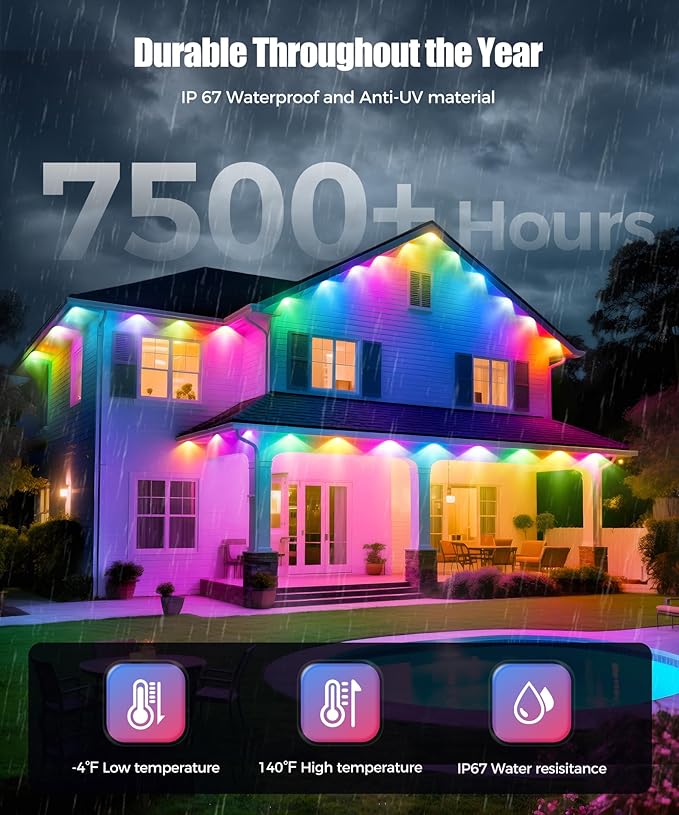 POOFZY Permanent Outdoor Lights for House,49ft RGB+IC Smart Outdoor Decor, 50 Scene Modes,App/Remote Control,IP67 Waterproof,for Christmas,Halloween,Daily & Holiday Party Decor,House Roof Lighting