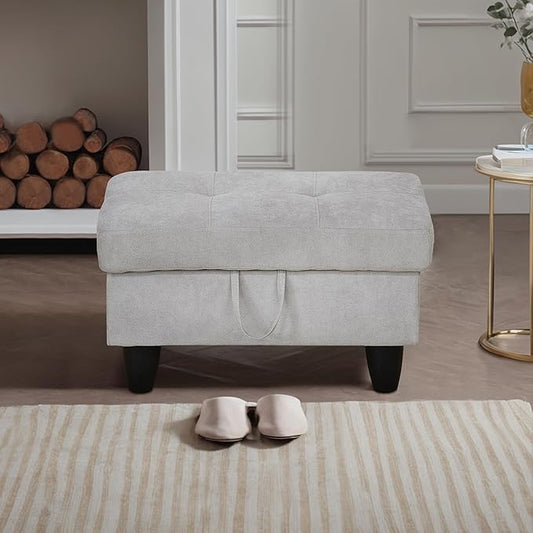 Ottoman Rectangular Storage Ottoman Bench, Flannel Footrest Stool Footstool with Lid for Living Room, Bedroom, Entryway, Khaki, 28.5"x19"x17.5"