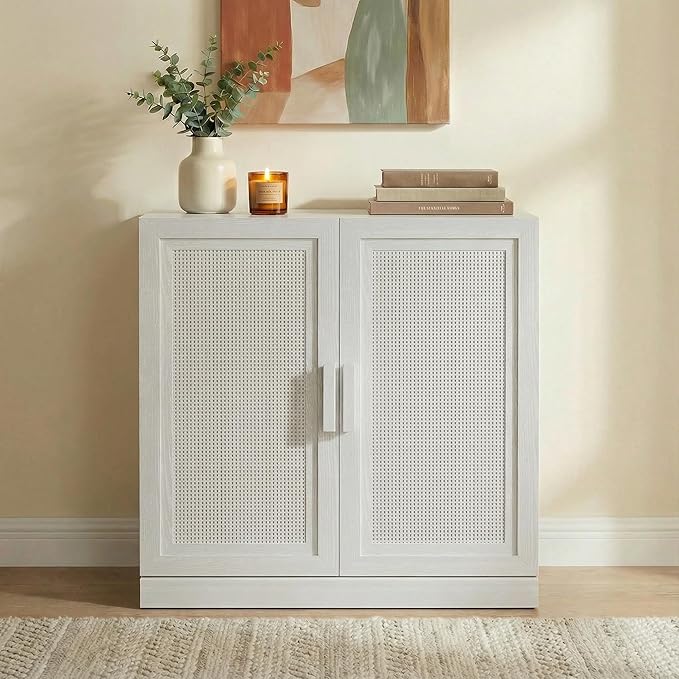 Casaphoria Adam Sideboard Buffet Cabinet with Storage, Sideboard Cabinet with Rattan Doors & Adjustable Shelves, 31" W x 31" H Coffee Bar for Entryway Kitchen Living Room, White