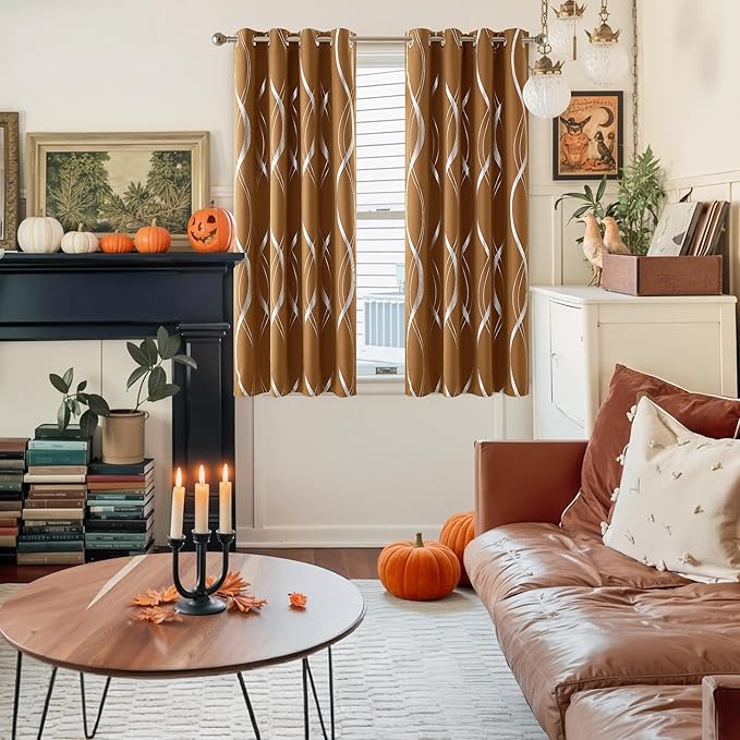 NICETOWN Blackout Gold Brown Kitchen Curtain 72 inch Long, Home Decoration Wave Line Foil Printed Design Drapes for Nursery and Baby Room, 2 Panels