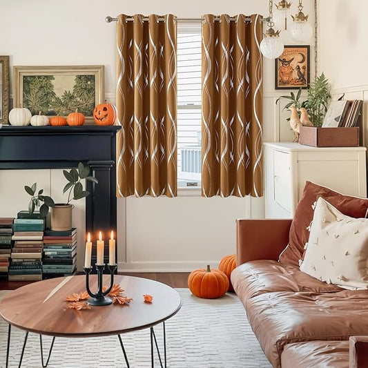 NICETOWN Blackout Gold Brown Kitchen Curtain 72 inch Long, Home Decoration Wave Line Foil Printed Design Drapes for Nursery and Baby Room, 2 Panels