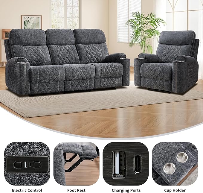 EBELLO Power Reclining Sofa Set, Fabric Electric Recliner Chair and 3 Seater Sofa Couch with Cup Holders, USB and Type-C Charging Ports and Storage Space, 4 Seats for Small Living Room, Grey