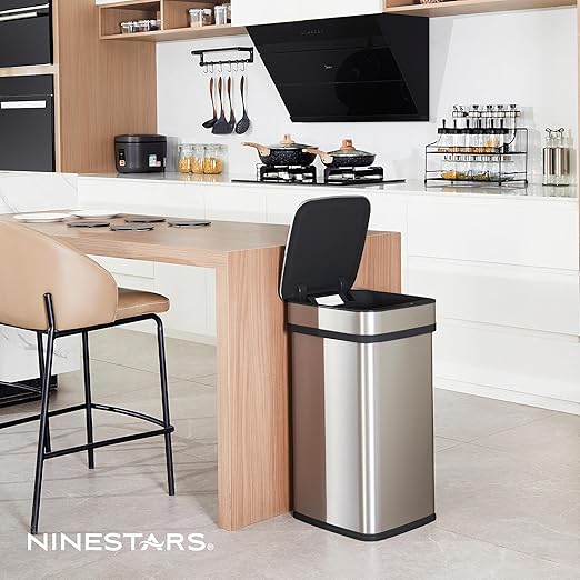 Ninestars 13 Gallon Odor Neutralizing Smart Kitchen Trash Can, Automatic Odor Control Motion Sensor Garbage Bin, Universal Power Adapter, 50 Liter Smart Opening Stainless Steel, Nova Series