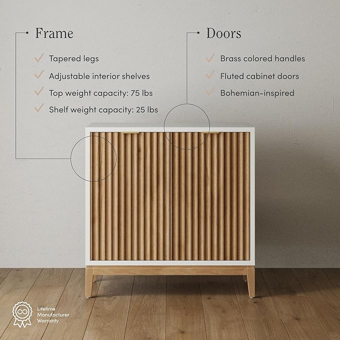 Nathan James Jasper Modern Sideboard, TV Stand with Fluted Doors, Accent Storage for Kitchen or Living Room, White/Warm Pine, Set of 2
