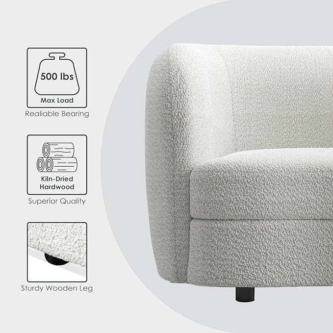 Furniture of America Nimiane Modern Boucle Sofa with Curved Arms and Wooden Legs, Comfy Fabric Upholstered 3 Seater Couch for Living Room, Bedroom, Home Office, Off-White