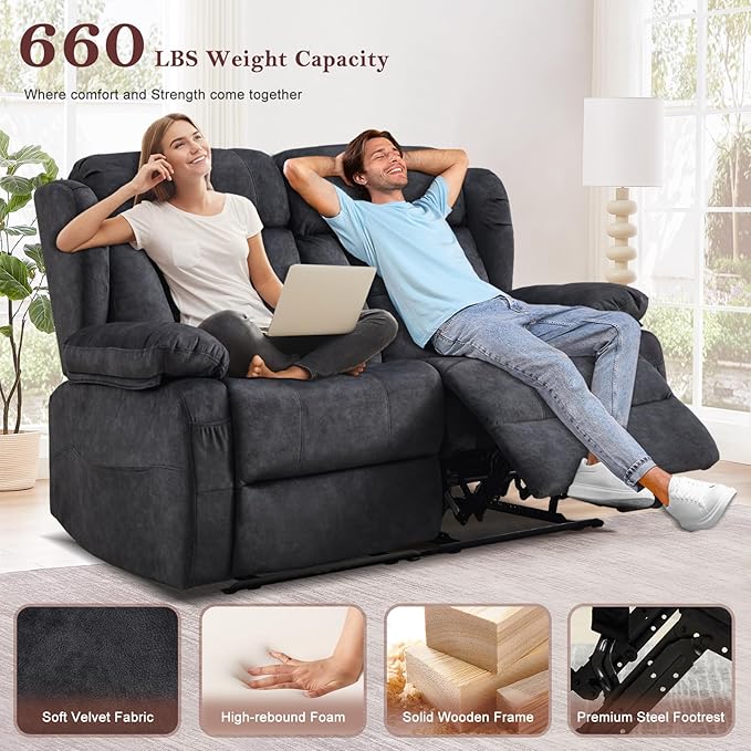 56.7" Manual Reclining Loveseat Sofa - Double Loveseat Recliner Chair with Side Pockets for RV Couch/Motorhomes/Living Room (Gray, Loveseat)