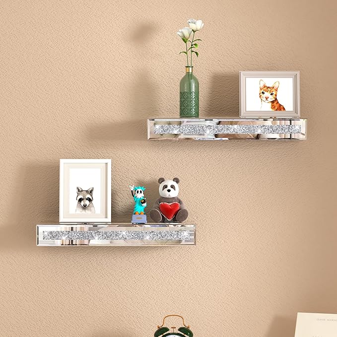 SHYFOY Mirrored Floating Shelves for Wall Decor Storage, Glitter Glass Wall Mounted Shelves for Bedroom, Living Room, Bathroom, Kitchen, Office and More, Set of 2, Silver