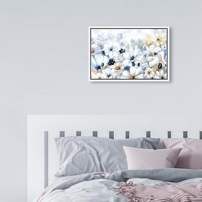 The Oliver Gal Artist Co. Floral and Botanical Wall Art Framed Canvas Prints 'Fields Flowers Home Décor, 15" x 10", Blue, White
