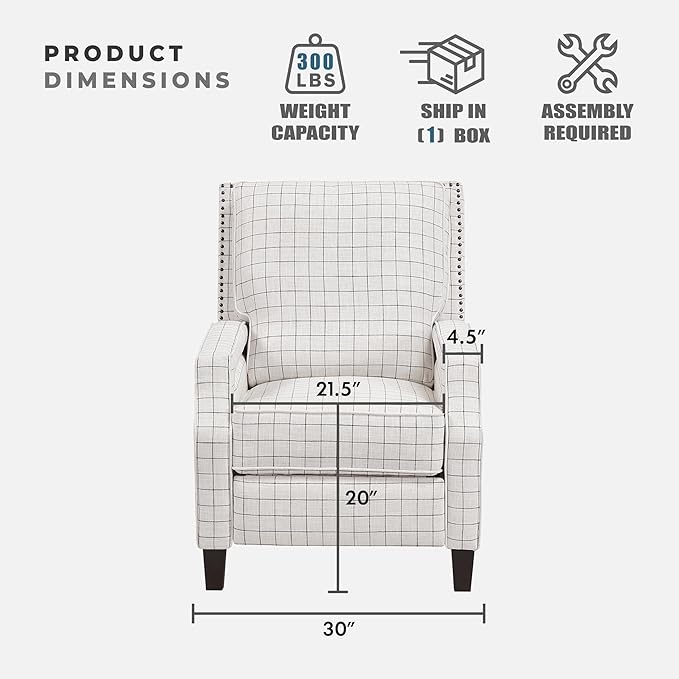 Lexicon Pushback Recliner Chair, Plaid Textured Fabric Armchair Push Back Reclining Chair, Nailhead Trim, Solid Wood Legs, Easy Assembly for Living Room/Office/Apartment, Off-White