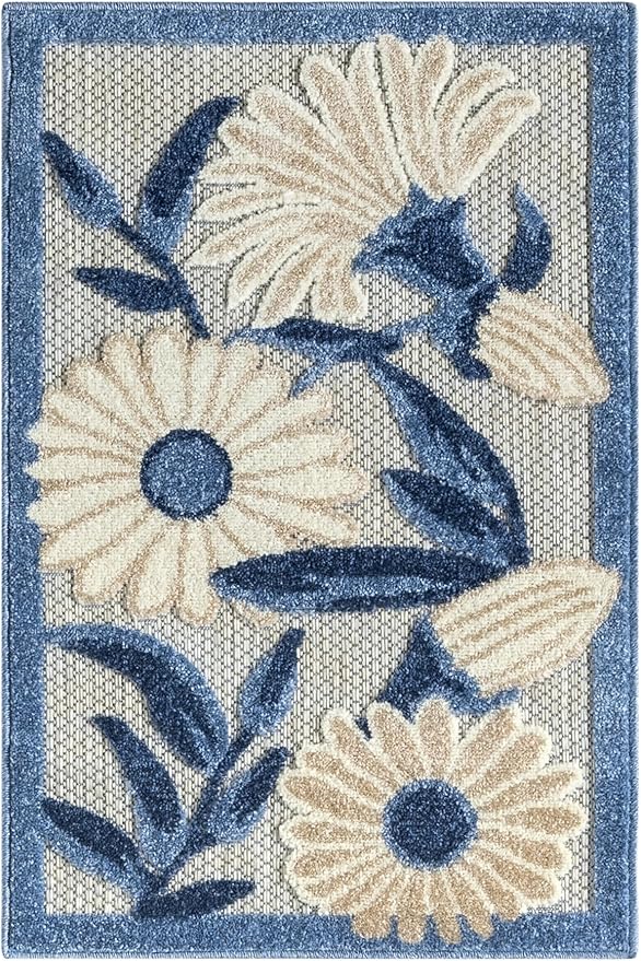 Nourison Home Aloha Blue Grey 2' x 3' Area Rug - Easy Clean, Non Shedding, Bed Room, Living Room, Dining Room, Kitchen (2' x 3')